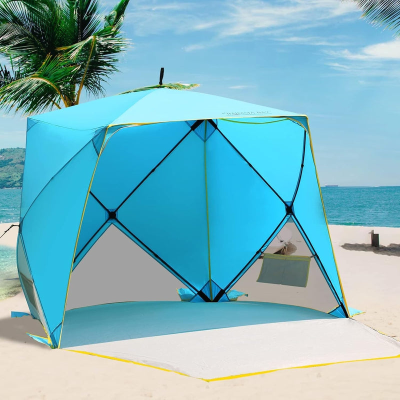 Barraca de Praia Pop-Up Azul – Com Proteção Solar UPF 50+, Impermeável e Resistente ao Vento, para 4 Pessoas