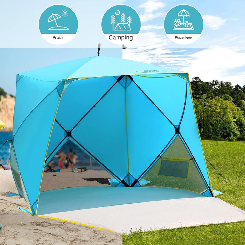 Barraca de Praia Pop-Up Azul – Com Proteção Solar UPF 50+, Impermeável e Resistente ao Vento, para 4 Pessoas