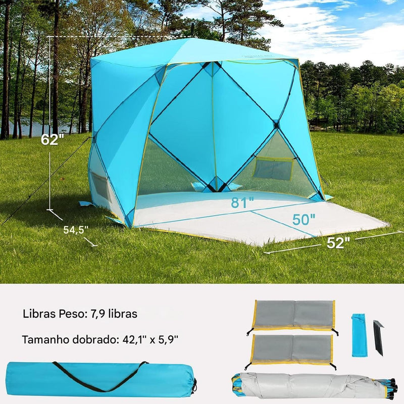 Barraca de Praia Pop-Up Azul – Com Proteção Solar UPF 50+, Impermeável e Resistente ao Vento, para 4 Pessoas