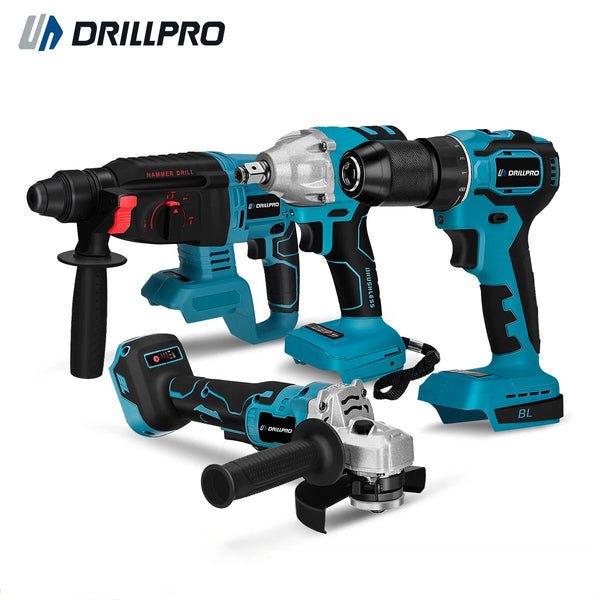 Conjunto de ferramentas Drillpro 1 com chave elétrica de 800 N.m, martelo, furadeira elétrica, esmerilhadeira angular